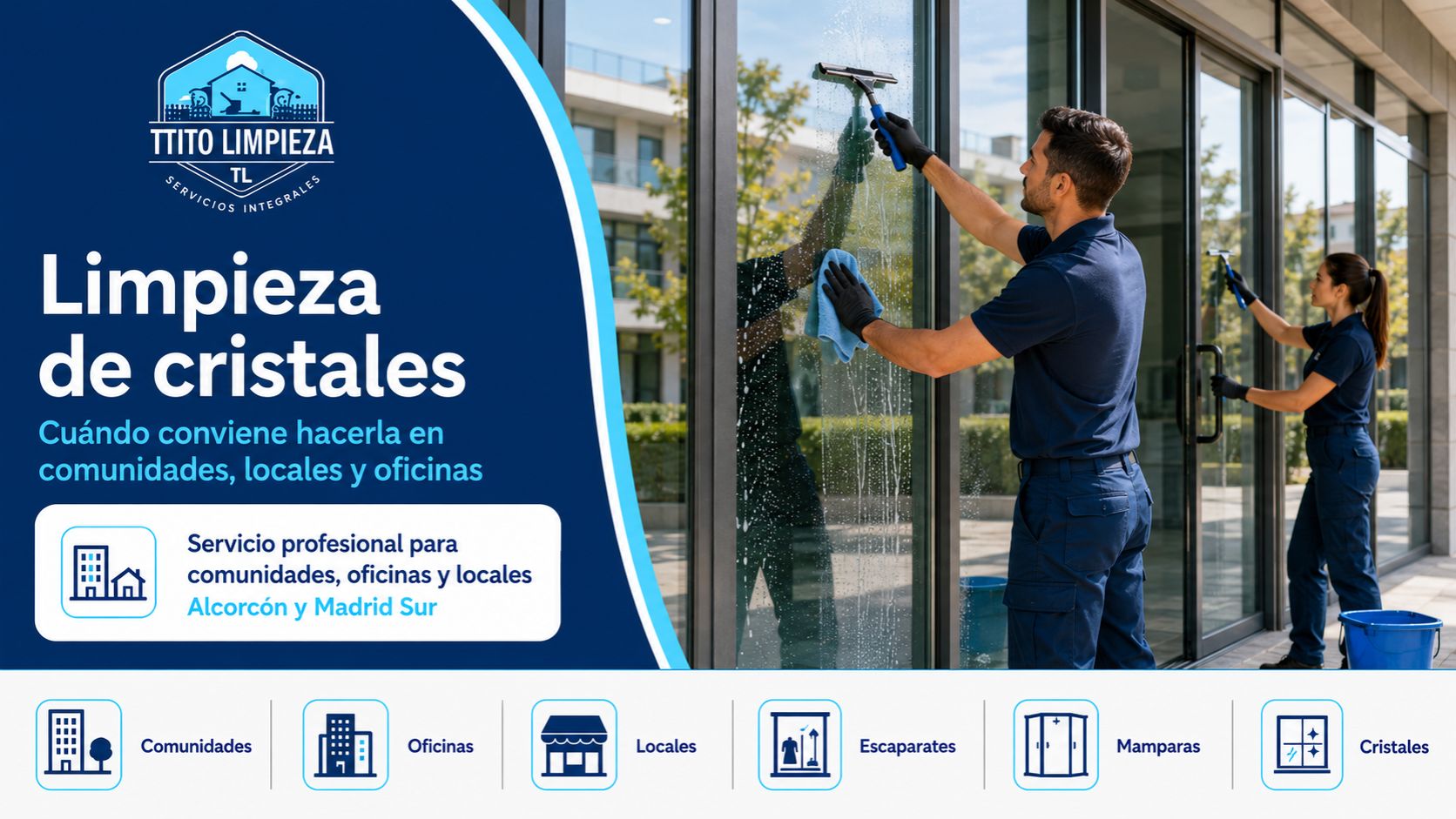 Operarios realizando limpieza de cristales en comunidades, oficinas y locales en Alcorcón