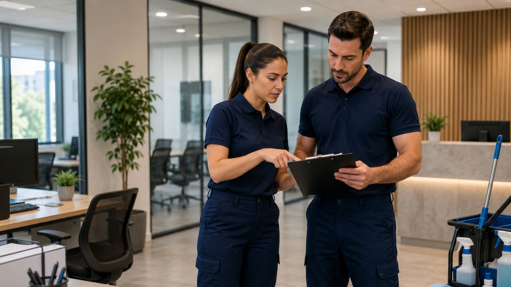 Equipo de limpieza revisando tareas antes de realizar un servicio profesional en una oficina