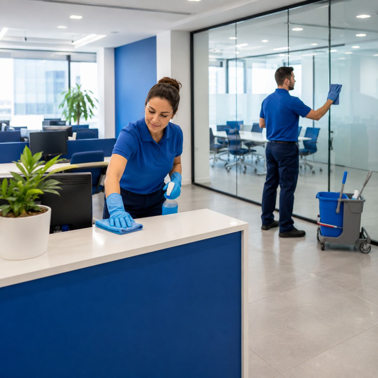 Personal de limpieza con uniforme azul limpiando recepción y mamparas de cristal en una oficina moderna y luminosa.