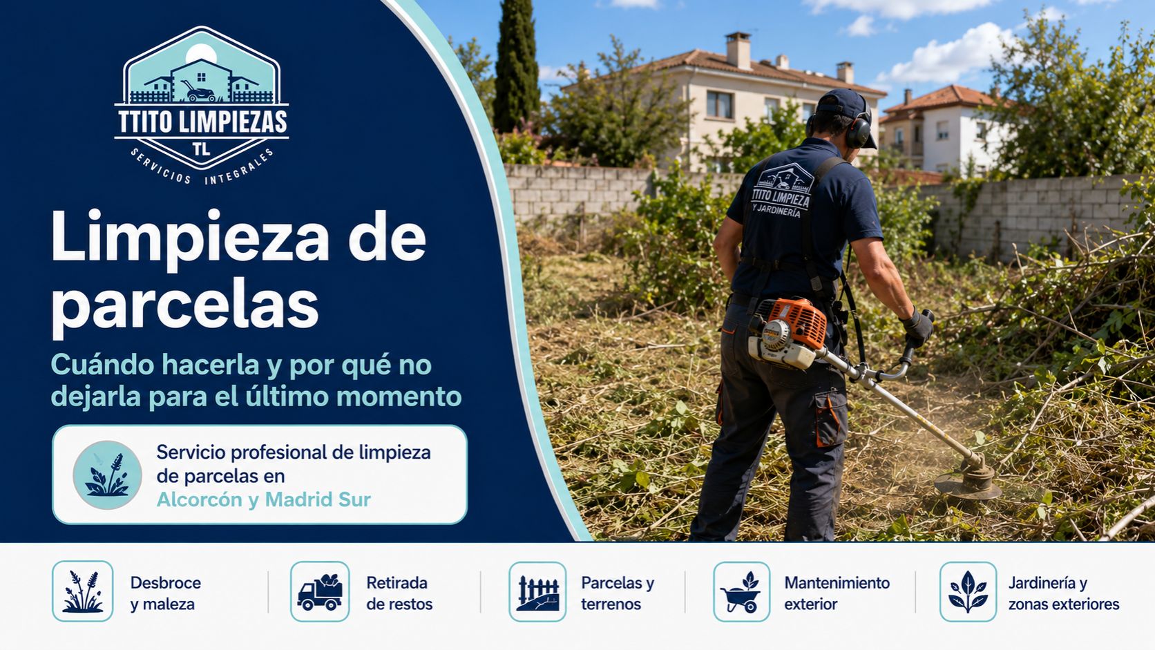Limpieza de parcelas en Alcorcón con operario realizando desbroce en una finca
