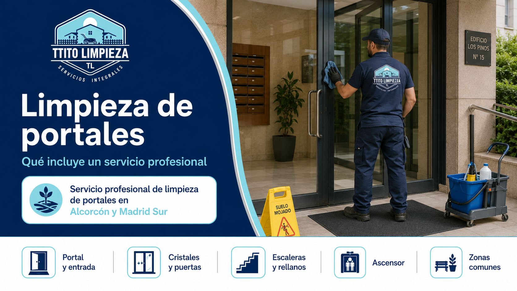 Limpieza de portal de una comunidad en Alcorcón con operarios limpiando suelo y puerta acristalada