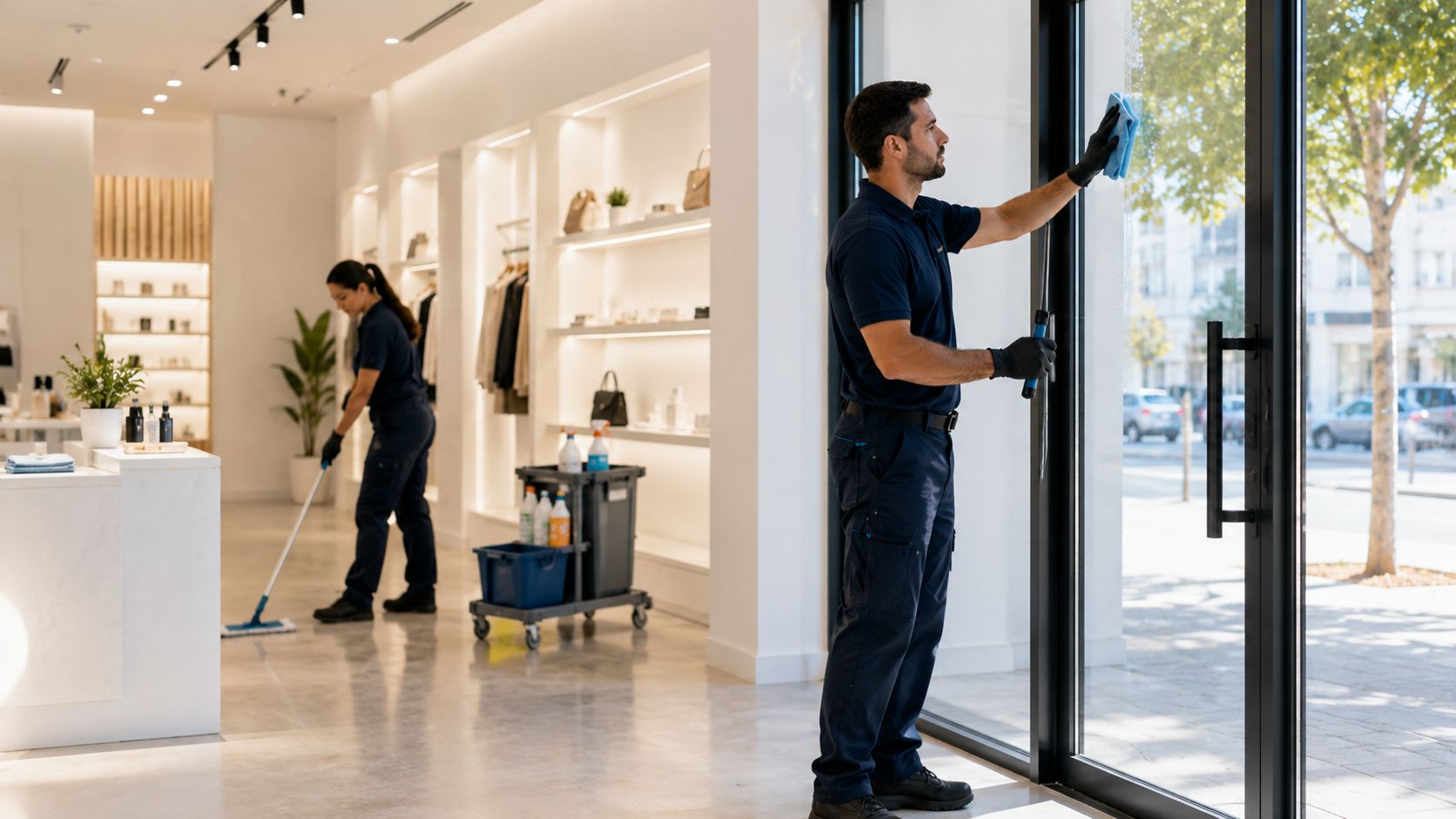Equipo de limpieza repasando cristales y suelos en un local comercial antes de su apertura