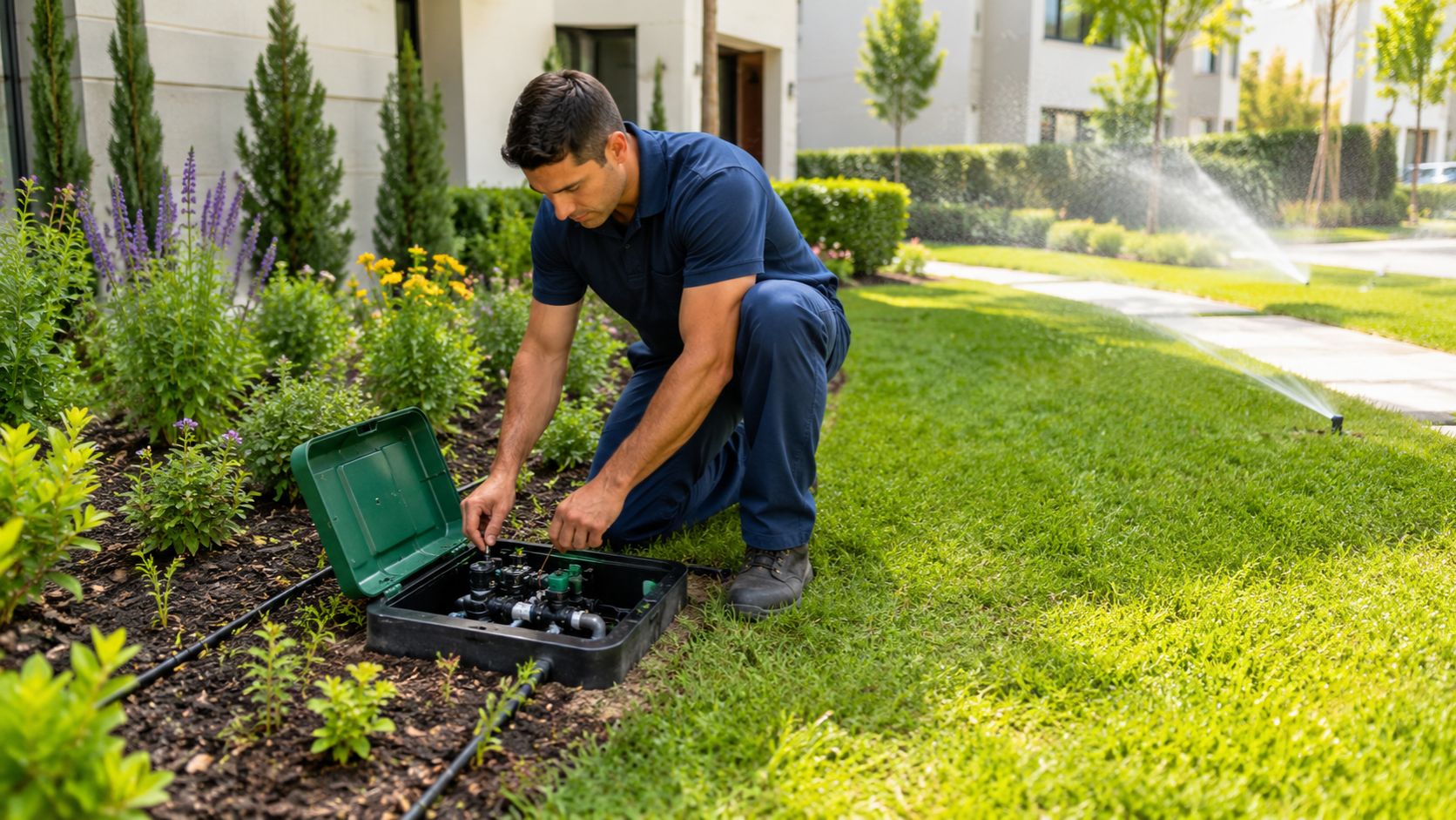 Operario revisando un sistema de riego automático en un jardín cuidado