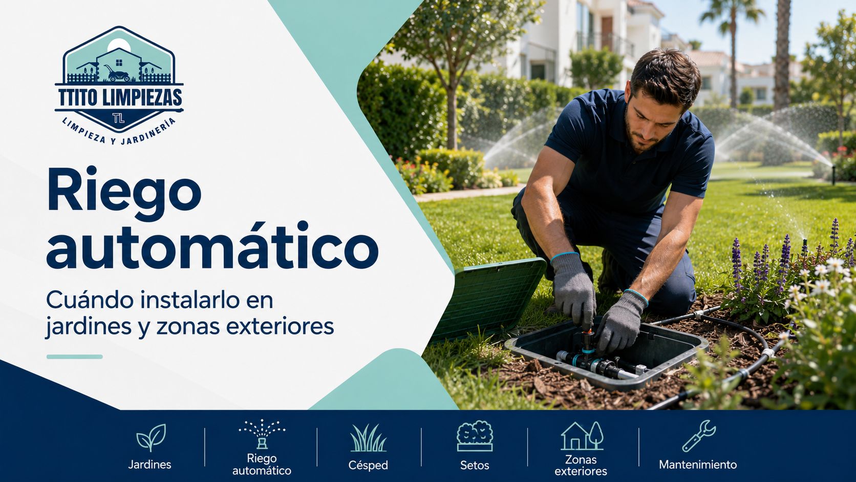 Jardinero revisando riego automático en un jardín cuidado en Alcorcón
